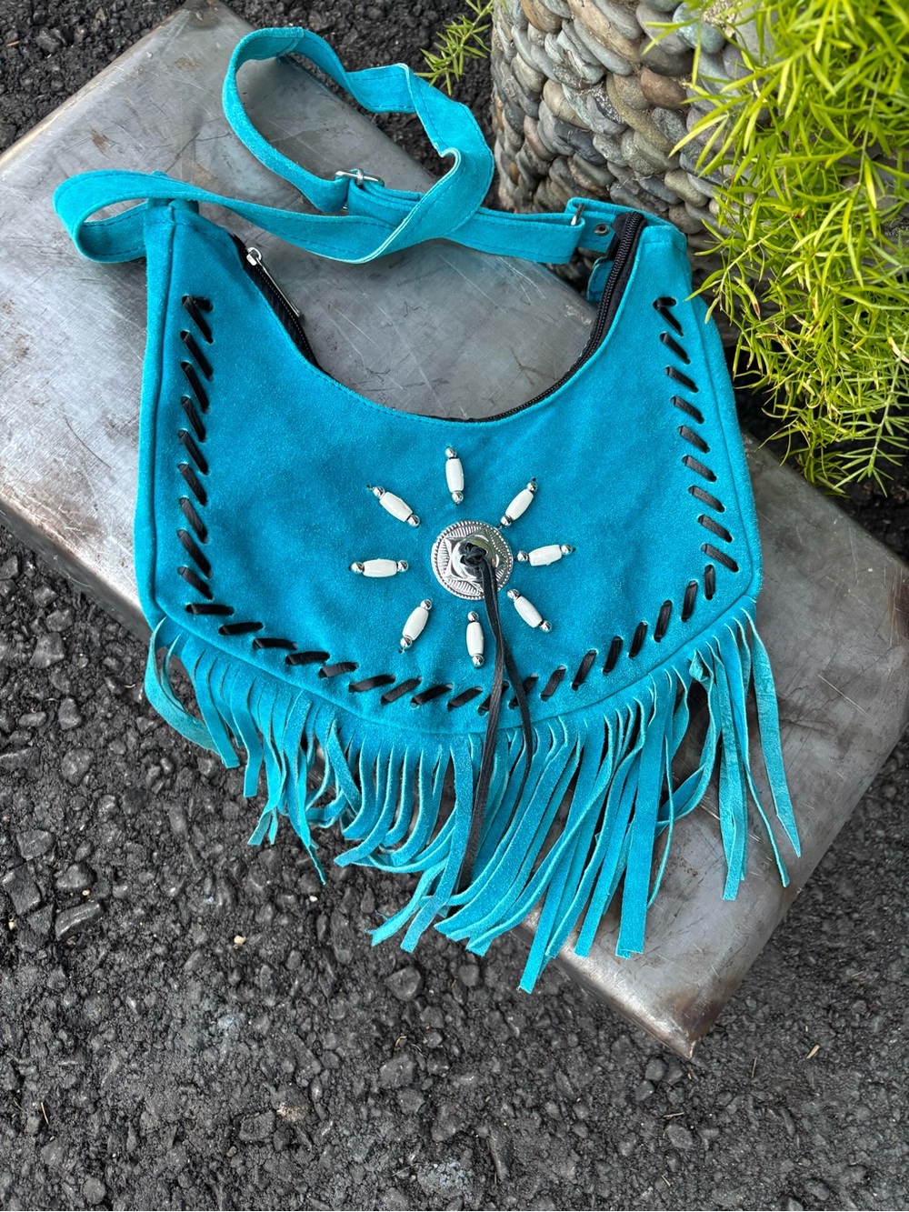 Turquoise Suede Fringe Cowgirl Western Crossbody Bag, Silver Concho Medallion